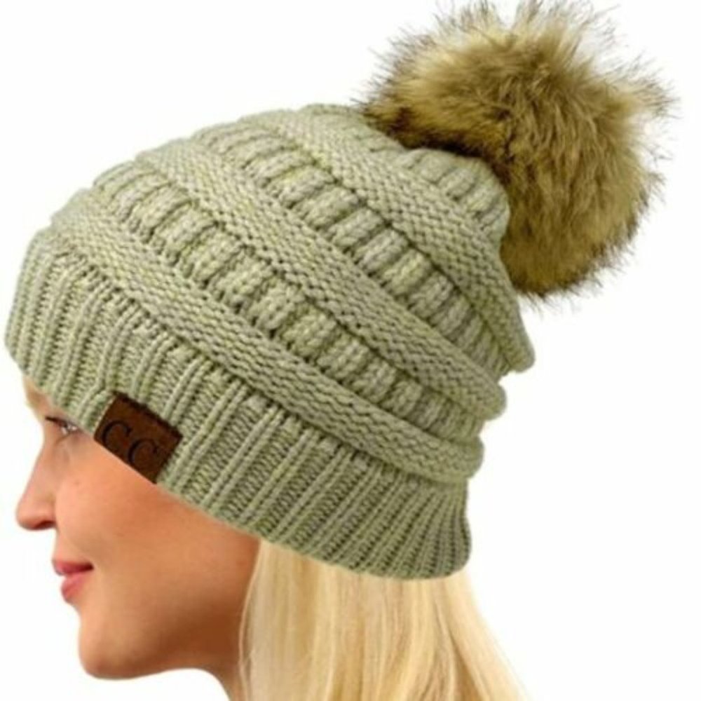 NEW Fleece Lined Beige Beanie w Fuzzy Pom Pom